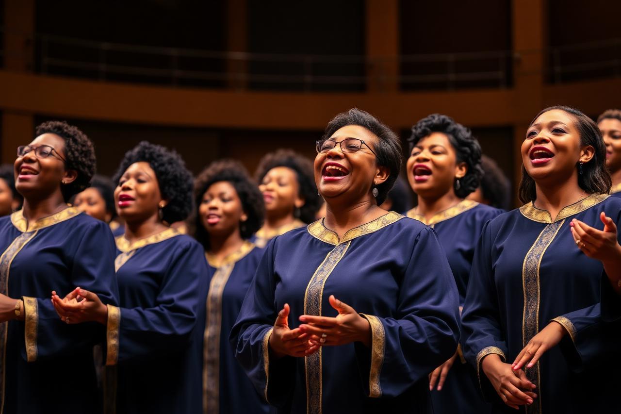 South African gospel choir singing in indigo and gold robes